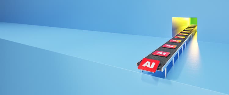 Концепция хайпа вокруг чипа AI, GPU. Красные микрочипы с искусственным интеллектом, напечатанные на падающем с производственной линии. Формат