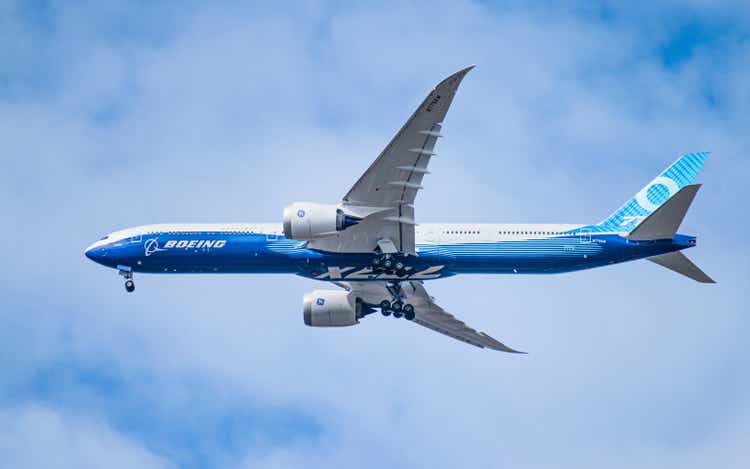 Boeing 777X test flight in February of 2020 in the skies over Spokane, Washington USA.