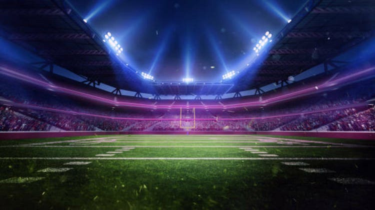 Aerial view of 3D render American football, soccer stadium with blurred tribunes with fans, empty arena in neon light. Open air match