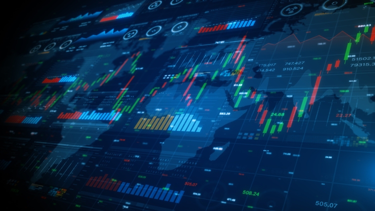 Candlestick information reports for finance strategy and investment, Data analytics for visualizing complex data metrics and trends, Business stock market with charts and data numbers, 3d rendering
