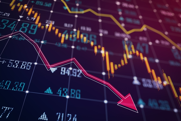 A digital stock market chart showing a downward trend arrow against a blue and black background, illustrating an economic downturn concept. 3D Rendering