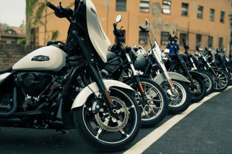 Close-up of Harley Davidson motorcycle on display in Senigallia