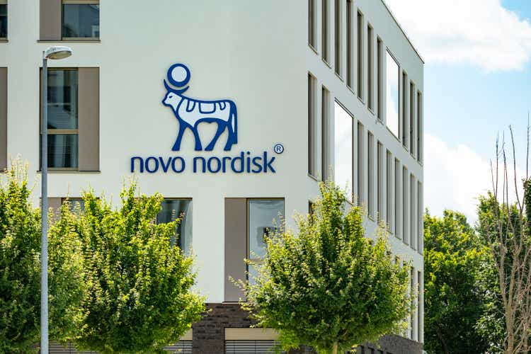 Novo Nordisk sign on building, Danish pharmaceutical healthcare giant, production innovative drugs, obesity treatment Ozempic, pharmaceutical company innovation, Mainz, Germany June 15, 2024