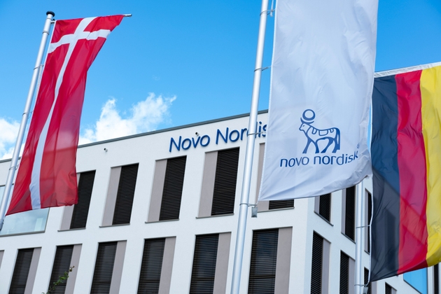 Novo Nordisk advertising flags and logo on facade building, Danish pharmaceutical healthcare giant, production innovative drugs, Ozempic, Mainz, Germany June 15, 2024