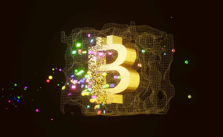 A golden bitcoin symbol encased in a wireframe distorted cube, with smaller colorful spheres and cubes rotating around it