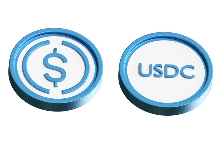USDC exchange. Coins with US dollar symbol and USDC. Exchange fiat currencies for stablecoin. USDC is stable digital currency. Coin stablecoin isolated on white background. 3d rendering.