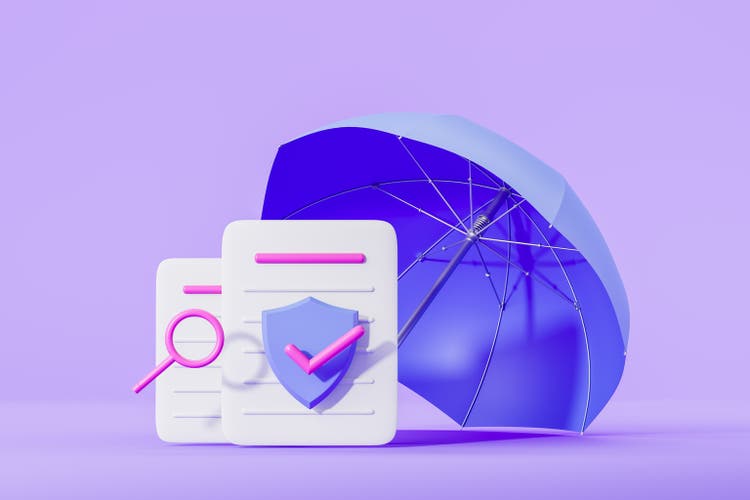 Document with shielf and check mark with umbrella, insurance concept
