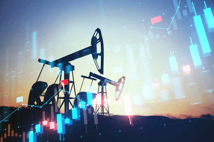 Imagine oil pumps and the stock market overlap the concept of the energy sector trading with blue and pink tones against the background of sunset