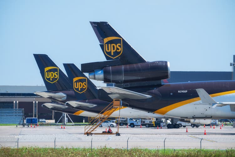 United Parcel Service UPS aircraft lined up at the Dallas Fort Worth International Airport