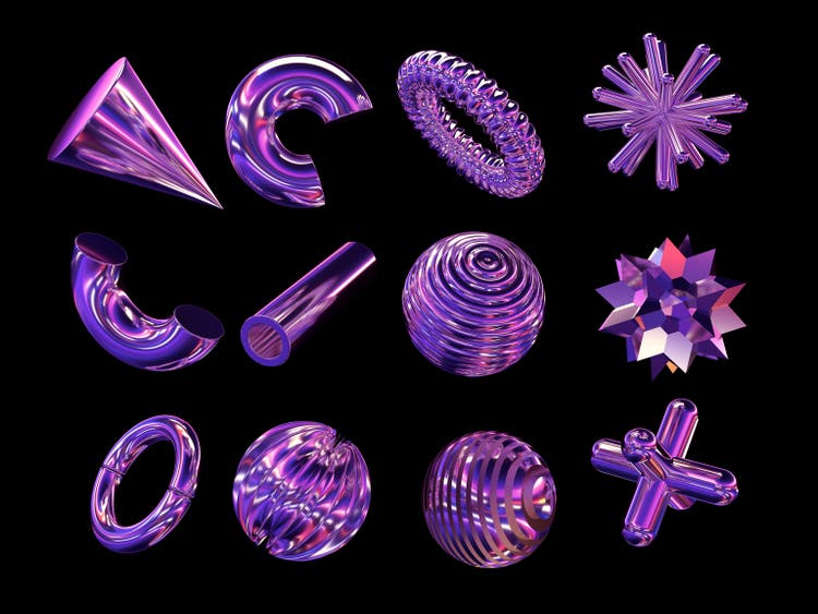 Abstract, glowing, glassy, metallic shapes for graphic design and mockups - 3d render.