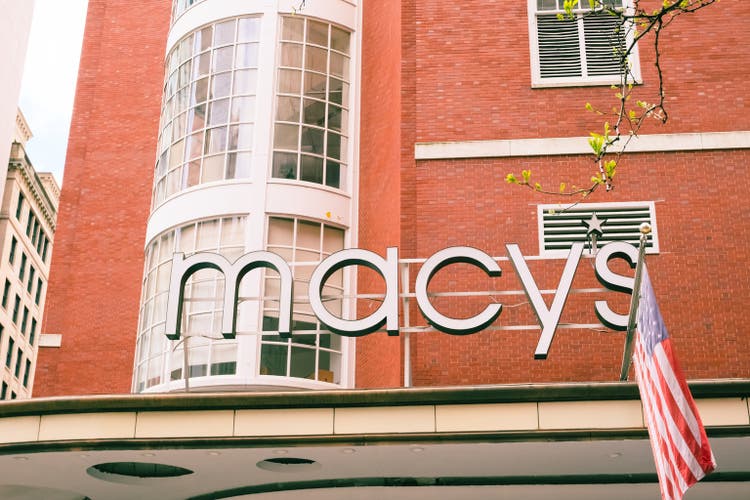 General view of the largest retail american brand Macy"s brand logo on the building facade in Boston
