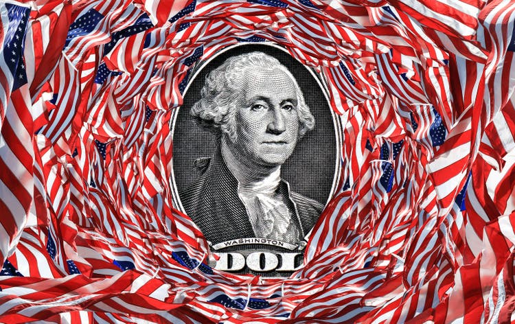 Conceptual large group American flags with One dollar bill