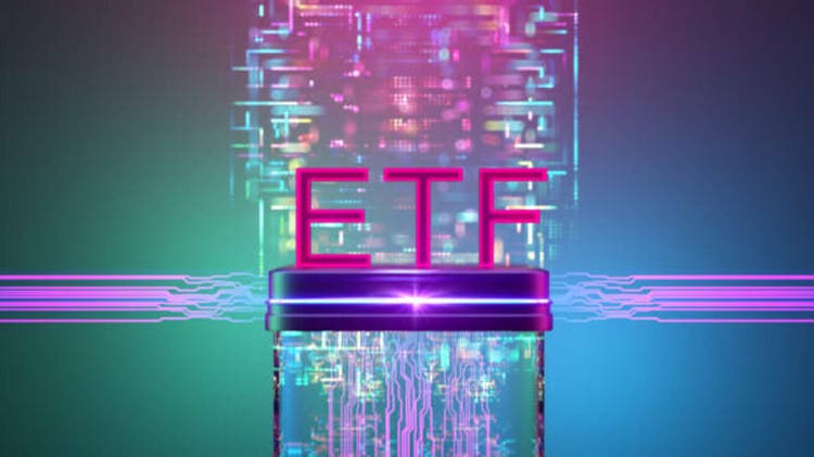 ETF text on digital background. Exchange-traded fund concept.