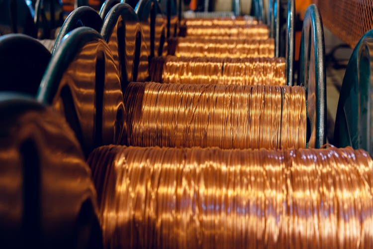Production of copper wire, cable in reels at factory. Cable factory.