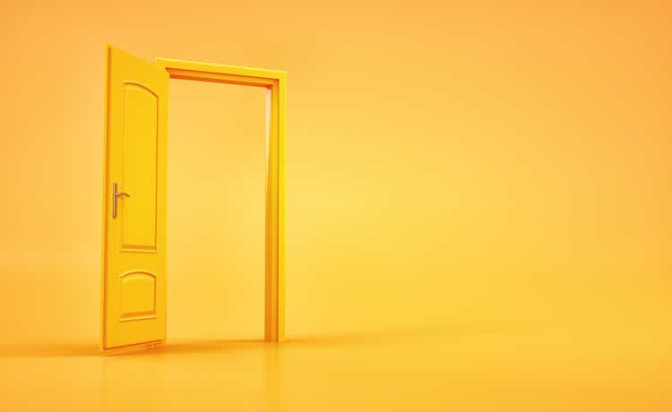 Opened door on simple background.