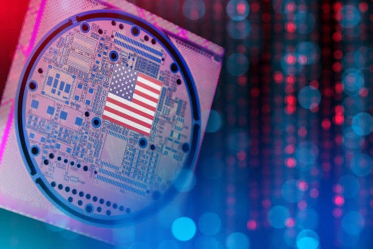 Microelectronics in America. Flag USA and production processor type increase. Production of microelectronics in factories in America. Creation microelectronics. America high-tech industry. 3d image.