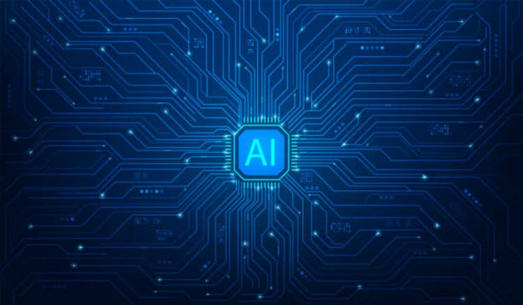 Ai microchip processor circuit digital technology on blue background. CPU database. Motherboard chip. Central computer. vector illustration fantastic hi-tech design.