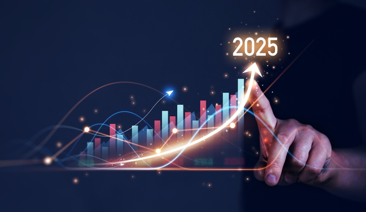 Businessman draws increase arrow graph corporate future growth year 2025. Planning,opportunity, challenge and business strategy. New Goals, Plans and Visions for Next Year 2025.