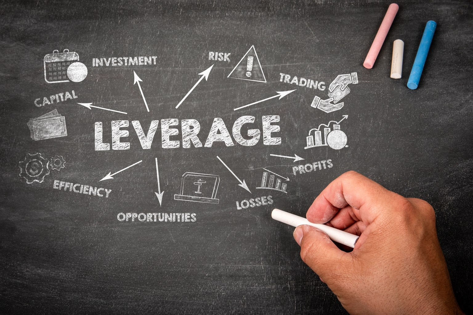 LEVERAGE Concept. Illustration with icons, arrows and keywords on a black chalkboard background