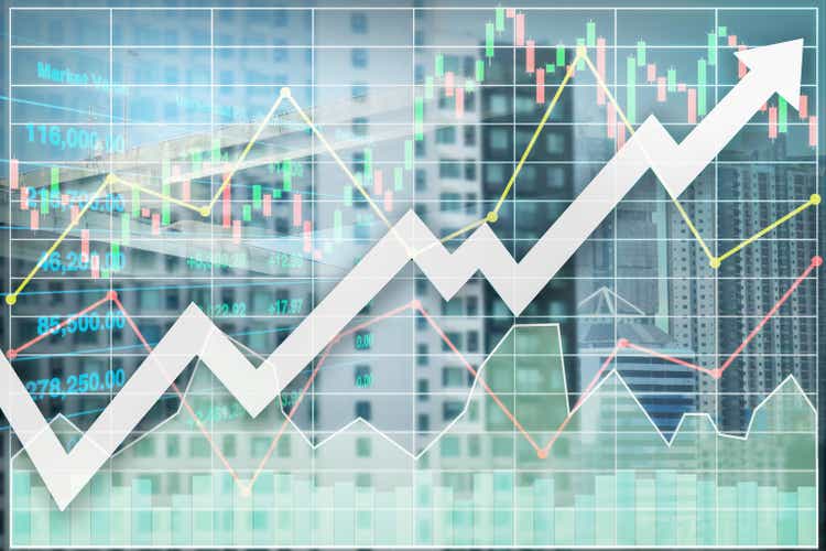 Stock financial index of successful investment on property real estate business insurance and construction industry with graph and chart on urban skyscrapers background.