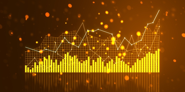 A glowing forex chart on a dark orange background illustrating financial growth, with a creative backdrop symbolizing market data analysis. 3D Rendering