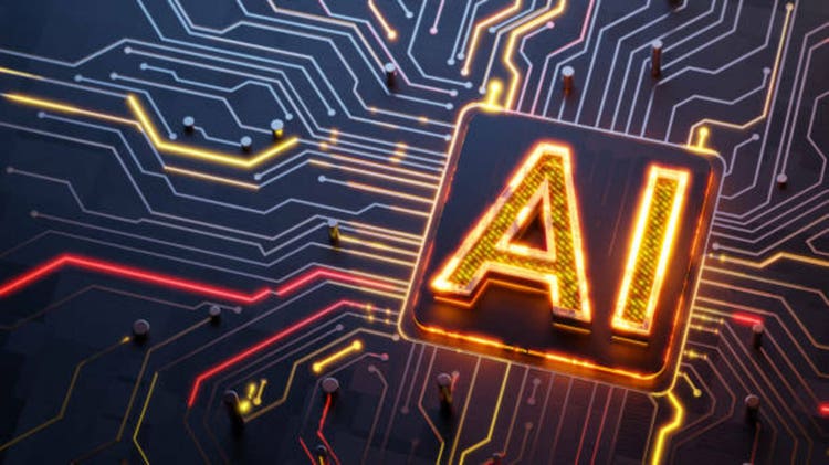 Ai concept. Glowing Ai symbol on the abstract main cpu on circuit board with light trails as data streaming symbol