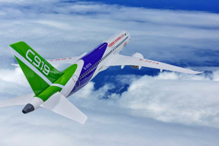 Comac C919 Aircraft Flying at Mid-Air Sky
