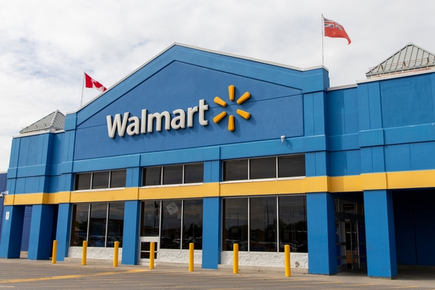 Walmart retail store building with Canadian and Ontario flags