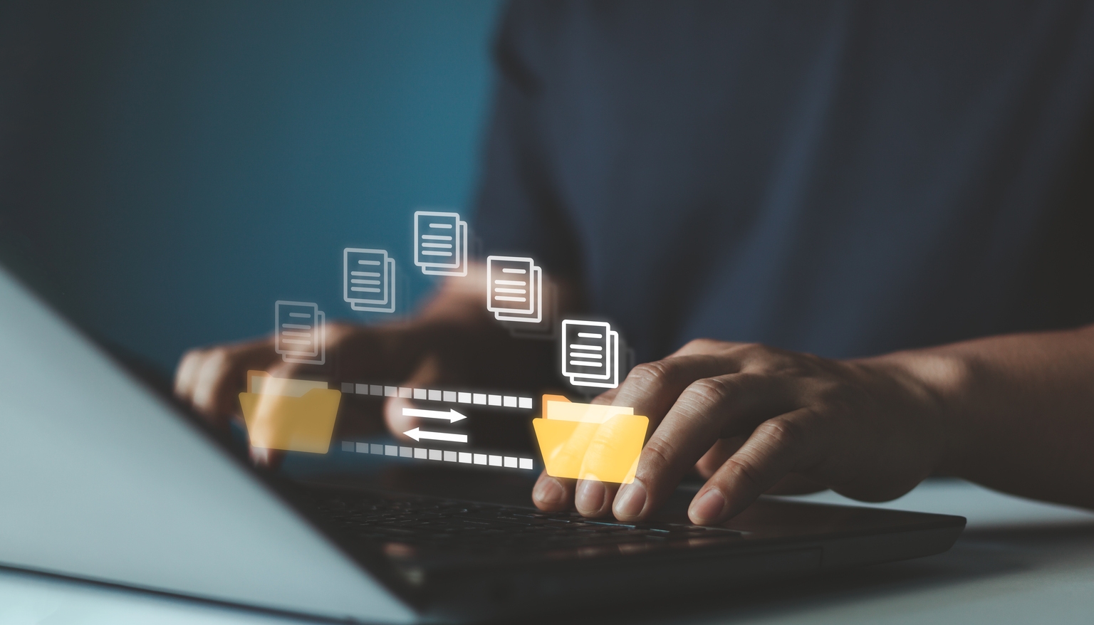 Businessman transferring files in virtual screen for Send of document on internet. Data transfer, Transfer file of data between folder, Backup data, Exchange of file on folder, DMS. Virtual document.