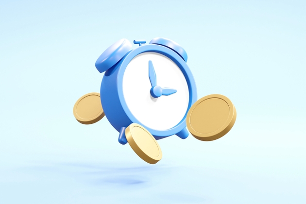 A striking 3D render depicting the concept of time and money with floating elements of an alarm clock and coins, emphasizing the importance of timely financial decisions.