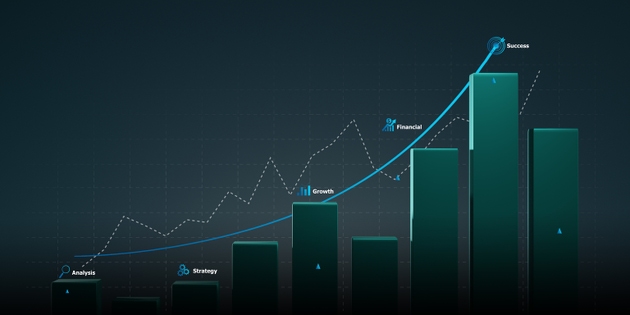 Stock chart bar growth up success idea concept on dark background. business idea concept.