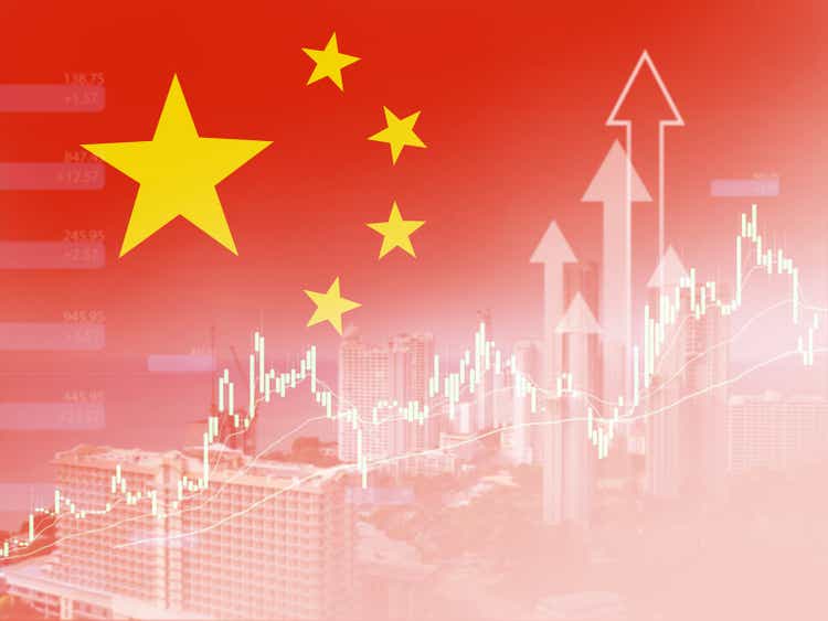 China flag background, China Business arrow up and Financial and real estate stocks market graph of Chinese, Downtown and Financial District City of China"s, Global trade competition.