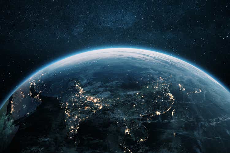 Beautiful planet Earth with night lights of Asian cities views from space. Amazing night planet Earth in view of India, China, Korea and Japan. Development, economics and technology, concept