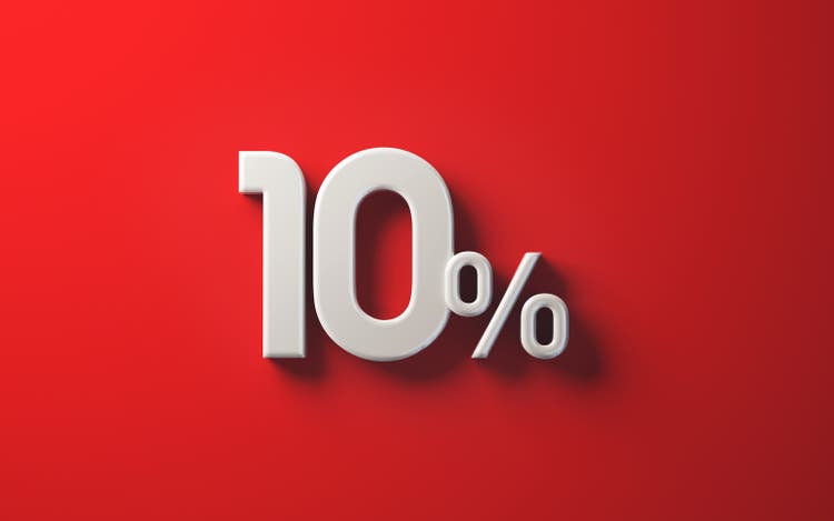 10 Percent Sign with White Reflection on Red Dark Soft Background