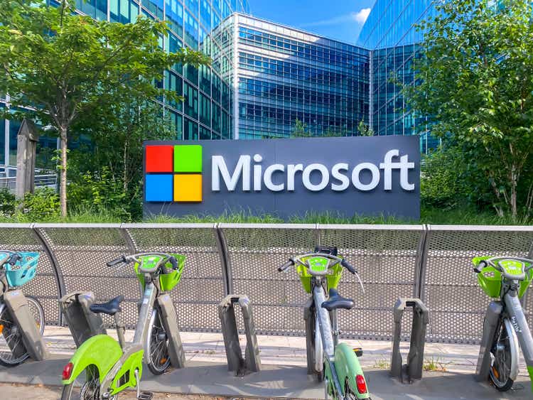 Velib station and Microsoft office building in Issy near Paris, France