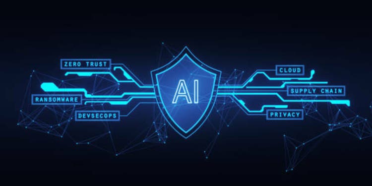 AI cybersecurity concept with neon shield and network lines. 3D Rendering