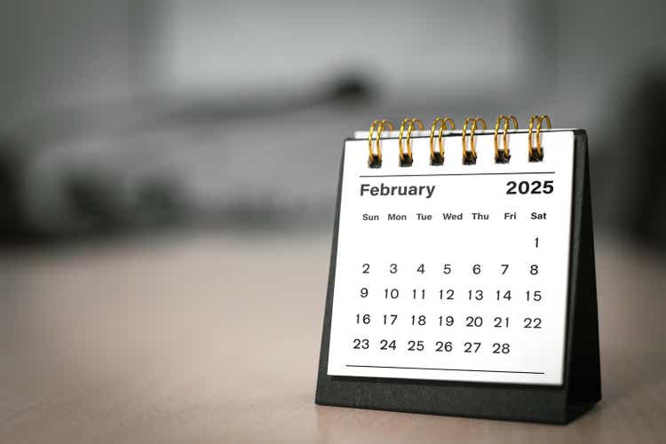 Calendar page February of the year 2025 white color in meeting room in office.