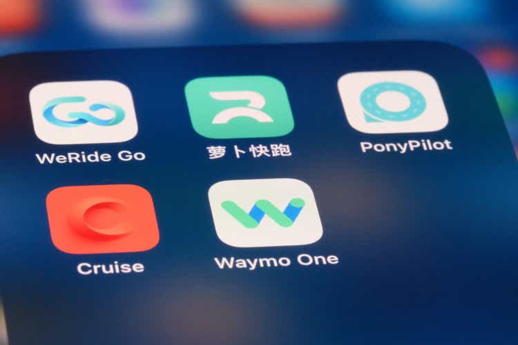 Waymo One, Cruise, WeRide Go, Apollo Go and PonyPilot. Assorted robotaxi ride-hailing service apps