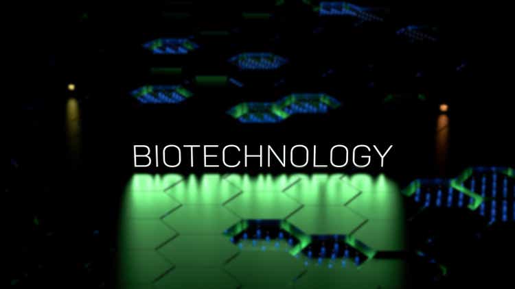 BIOTECHNOLOGY text,luminous neon lettering on a digitally blurred background. Biotechnologies, science and technology concept,wallpaper.3D render