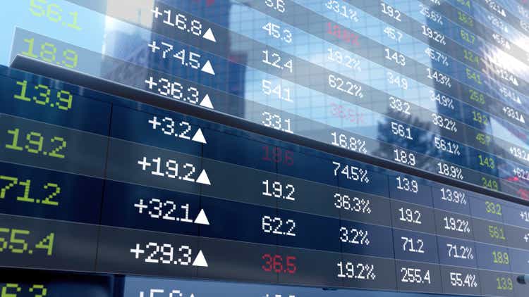 Finance stock price list with business district city building background.Stock exchange market and investment. Bank. Cyrptocurrency. 3d illustration