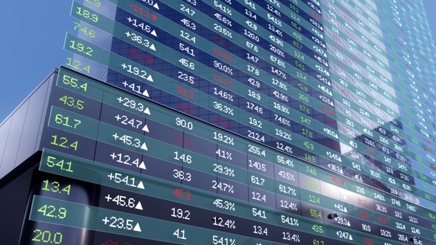 Finance stock price list with business district city building background.Stock exchange market and investment. Bank. Cyrptocurrency. 3d illustration