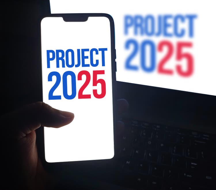 Project 2025 political concept background with typography on mobile in patriotic colors.