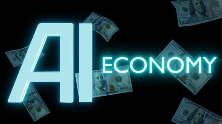100 dollar bills scattered behind of glowing words "AI economy"