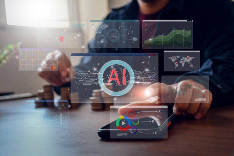 Ai tech, businessman show virtual graphic Global Internet connect. businessman using technology AI for working tools.