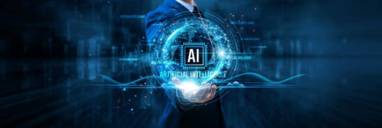 AI: Businessman holds AI on global structure network and machine learning algorithms, predictive analytics, automation solutions, advanced data processing.