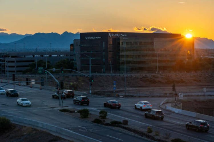 Sunset over the University of Phoenix building in Arizona