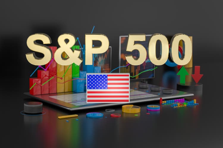 Inscription in gold letters S&P 500 and the US flag on a dark background with abstract multicolored shapes, arrows and diagrams. 3D rendering. Finance concept. Forex
