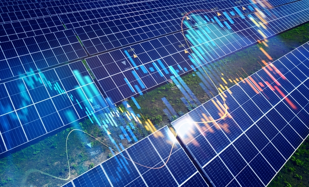 Photovoltaic power station with double exposure of digital financial chart graphs and stock market.Green energy in full development. Increase or rising in electricity prices on the world market.