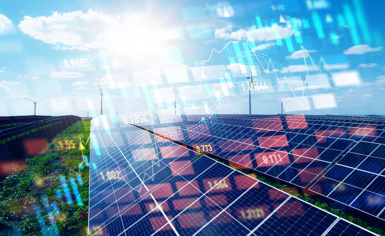 Photovoltaic power station with double exposure of digital financial chart graphs and stock market.Green energy in full development. Increase or rising in electricity prices on the world market.