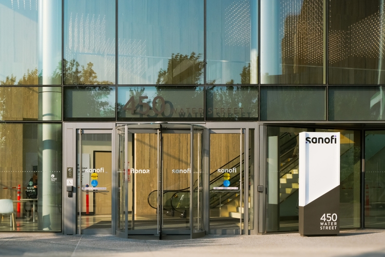View of Sanofi french global pharmaceutical company USA office facade with logo sign, Biotechnology industry